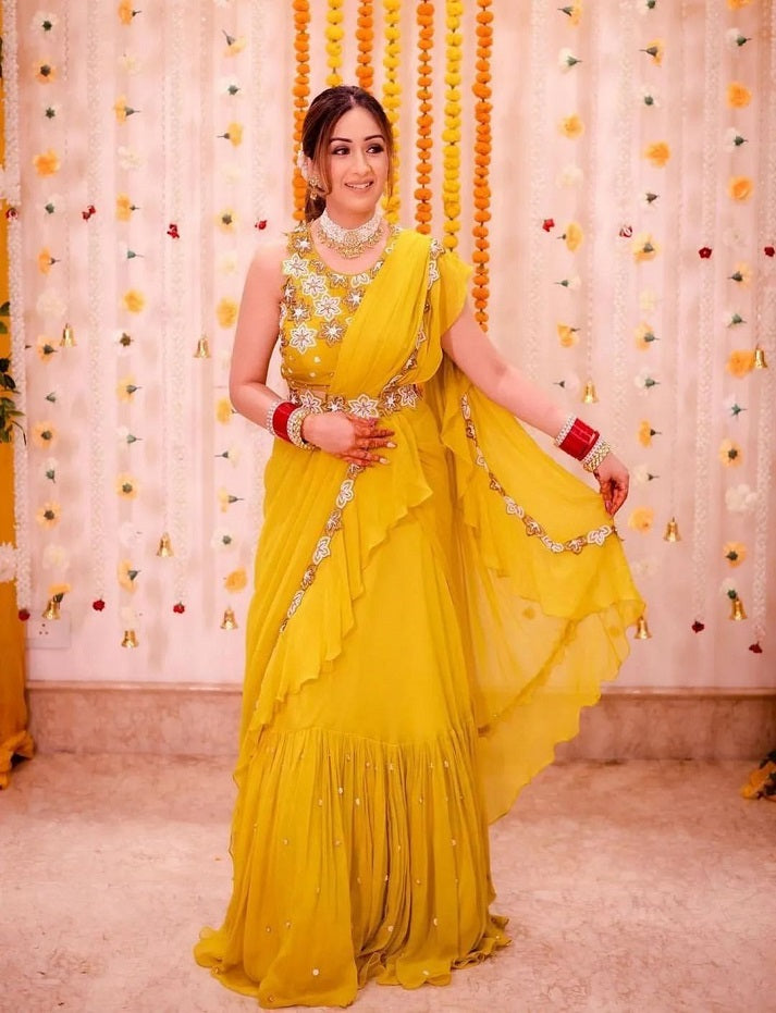 Exclusive Designer Yellow Georgette Saree Sequence Work With Blouse sale Piece For Haldi Rasam Saree,Girls Wedding Wear Saree,Indian Saree,Party.