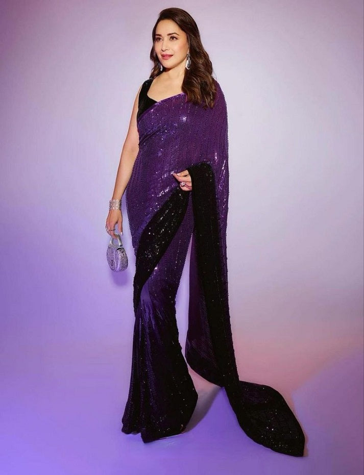 Stunning Look fashion Purple Color Heavy Georgette Silk Saree With Blouse USA | Fancy Designer Saree With Heavy Double Sequence And Embroidery Work.