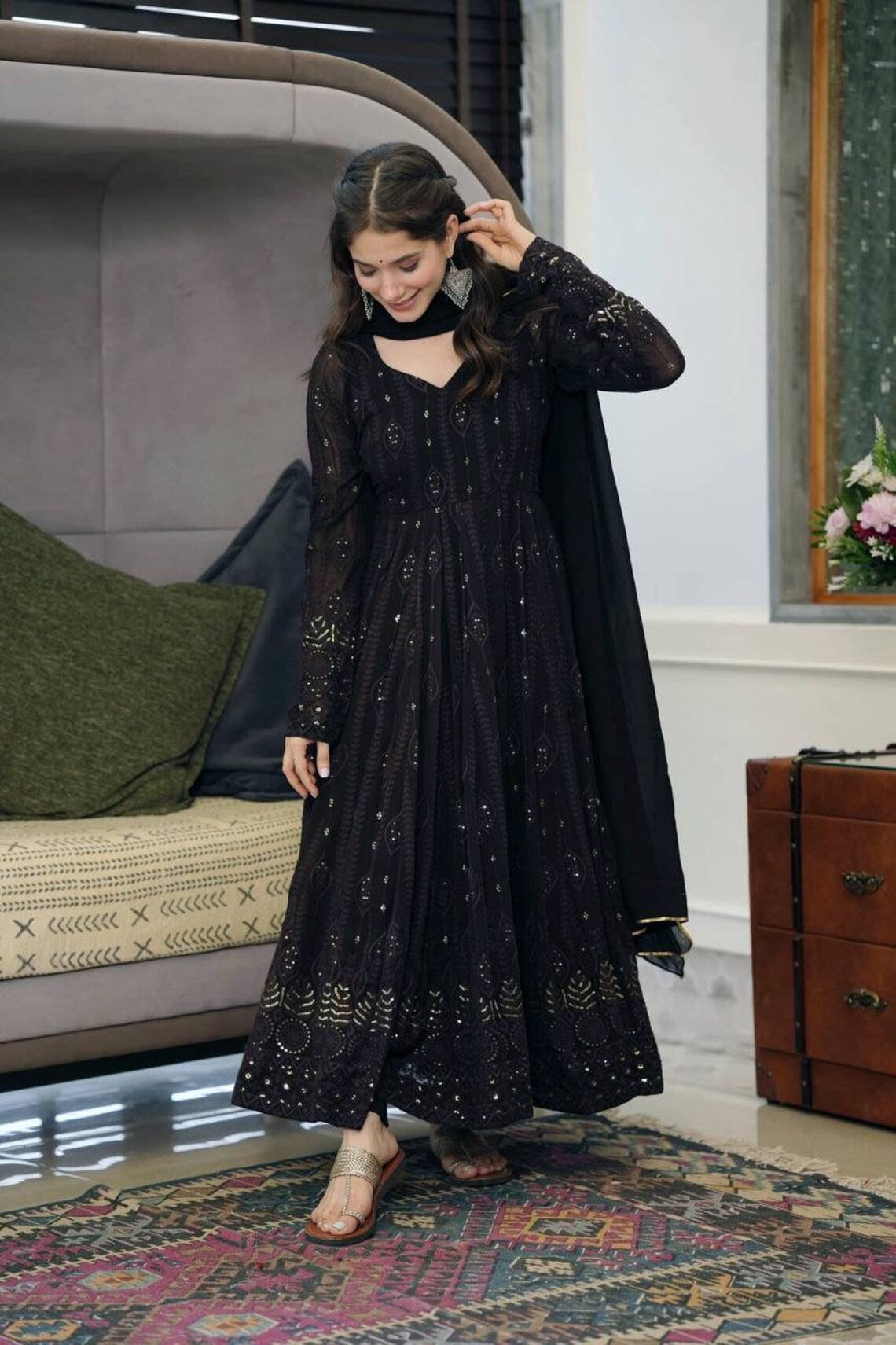 Black Beautiful Georgette Embroidered Kurta Gown With Dupatta For Women