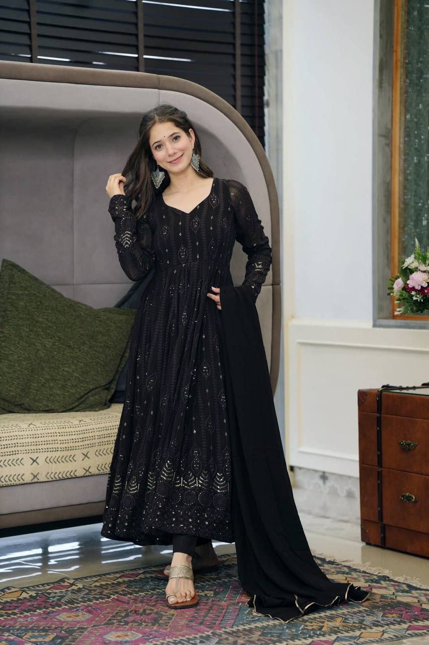 Black Beautiful Georgette Embroidered Kurta Gown With Dupatta For Women