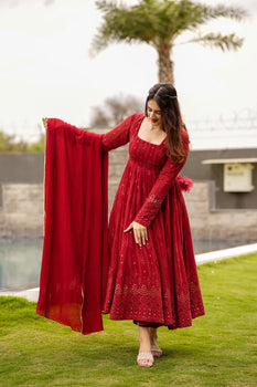 Red Beautiful Georgette Embroidered Kurta Gown With Dupatta For Women