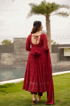 Red Beautiful Georgette Embroidered Kurta Gown With Dupatta For Women