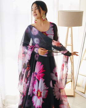 Women's Black Georgette Anarkali Round Neck Full Sleeve Digital. Printed Gown with Dupatta Set