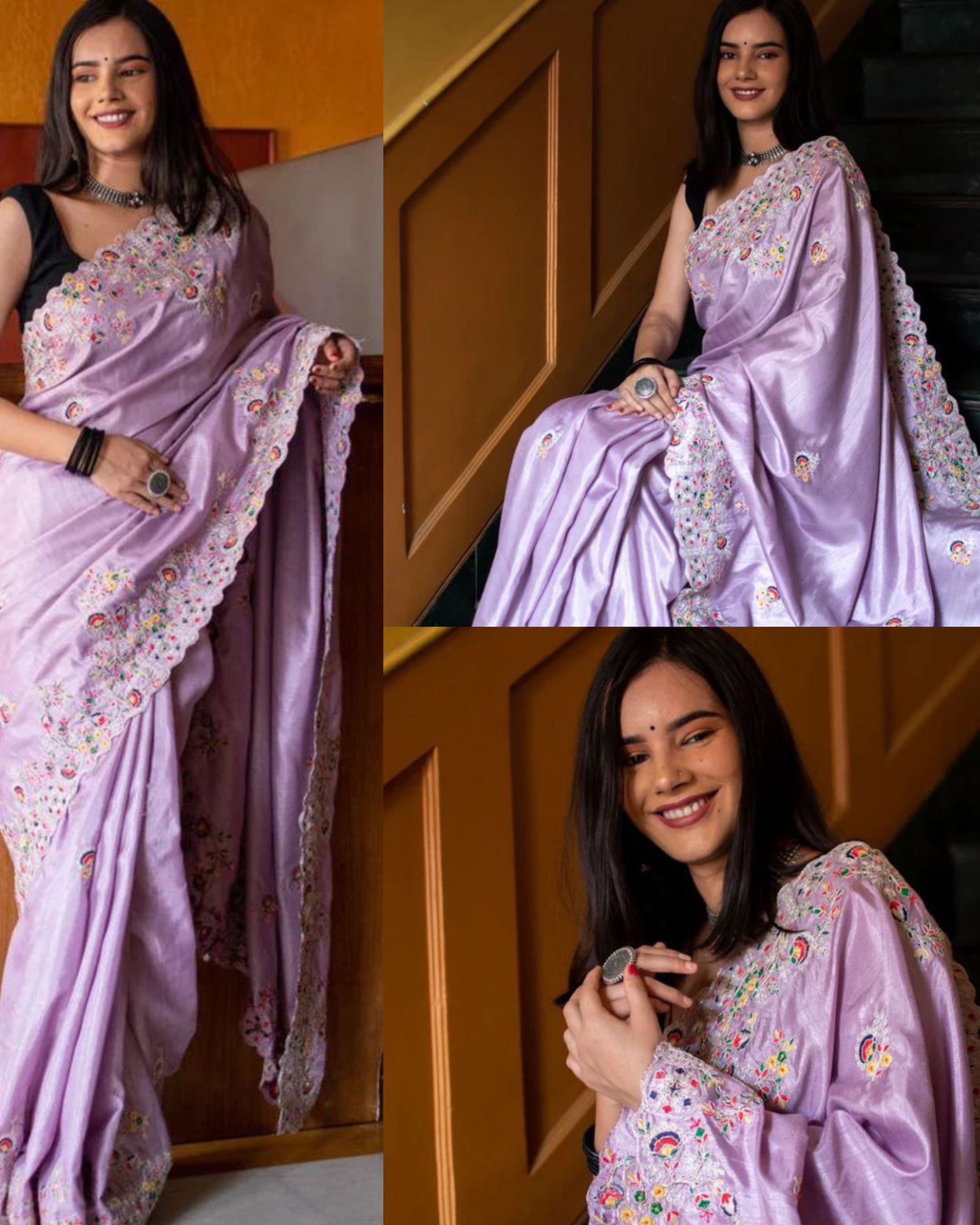 Lavender Saree For Womens And Girls Vichitra Silk Fabric With Multi Thread Coding Embroidery Sequence With C-Pallu Cutwork Border