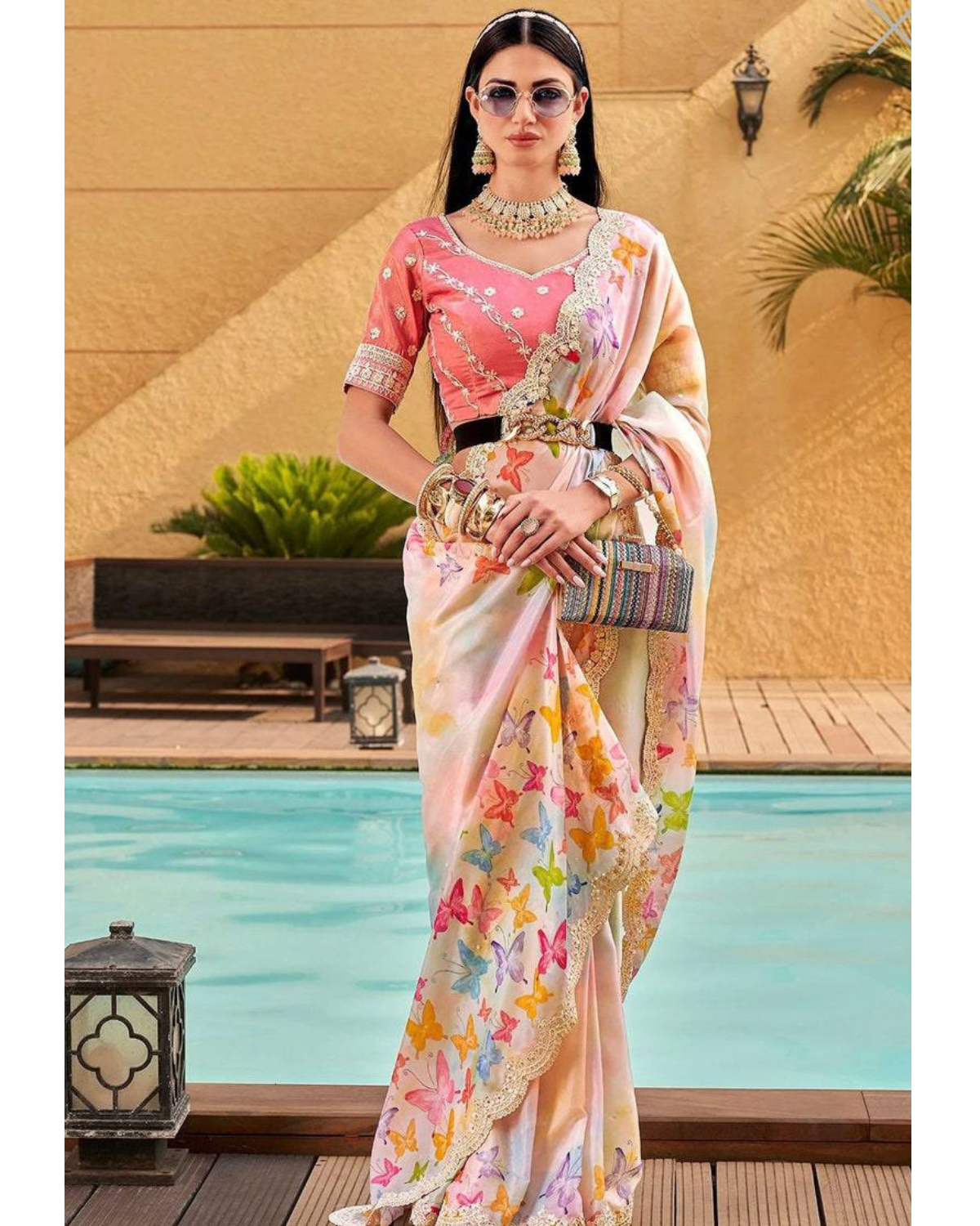 New Super Trending Designer Saree With Georgette Digital Prints & Sry Banglori Satin With Sequence Embroidery Butter Fly Print Saree For Beautiful Womens & GIrls