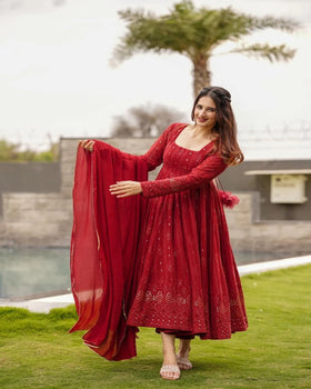 Red Beautiful Georgette Embroidered Kurta Gown With Dupatta For Women