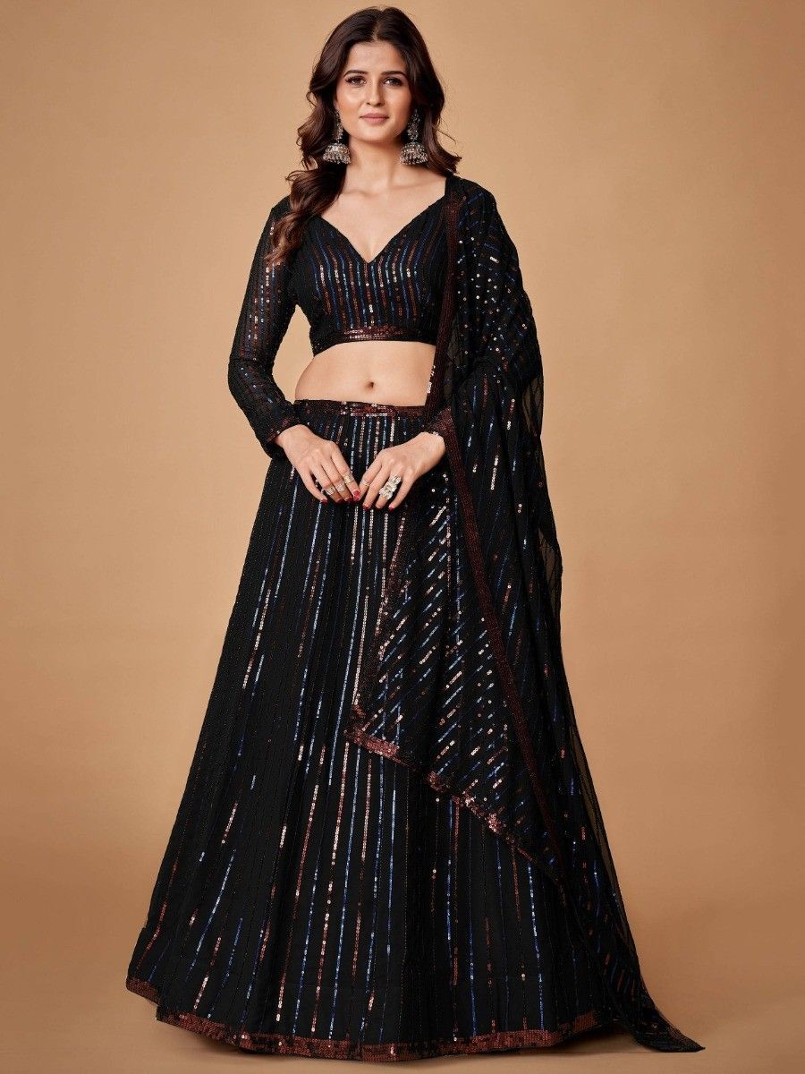 Charming Black Sequins Blooming  Georgette Party Wear Lehenga Choli With Dupatta