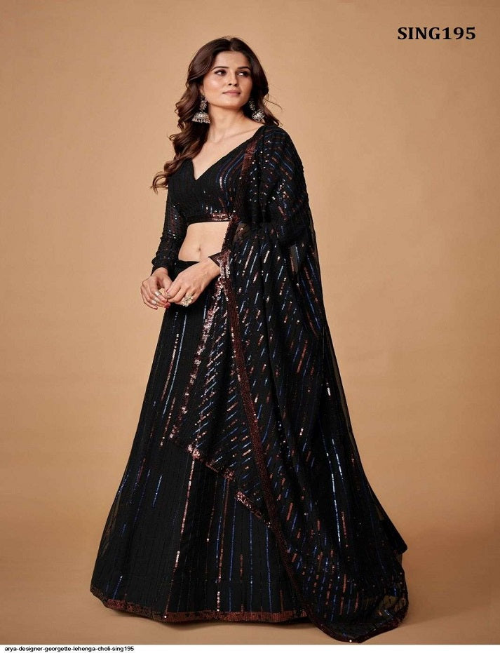 Charming Black Sequins Blooming  Georgette Party Wear Lehenga Choli With Dupatta