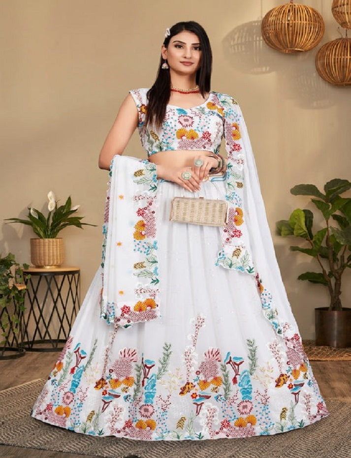 Beautiful Georgette Multi Thread Work White Wedding  Party Wear Lehenga Choli For Women's And Girl's