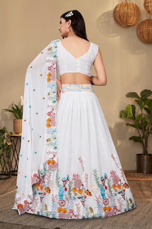 Beautiful Georgette Multi Thread Work White Wedding  Party Wear Lehenga Choli For Women's And Girl's