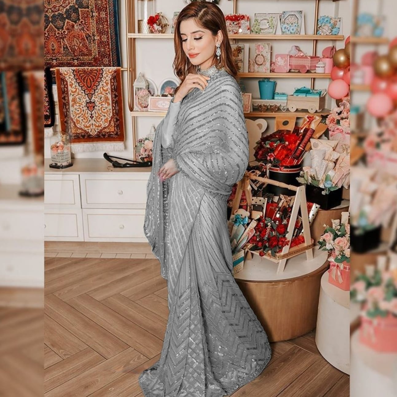 Beautiful Grey Boutique Designer Pure Georgette Sequence Work Saree For Women's