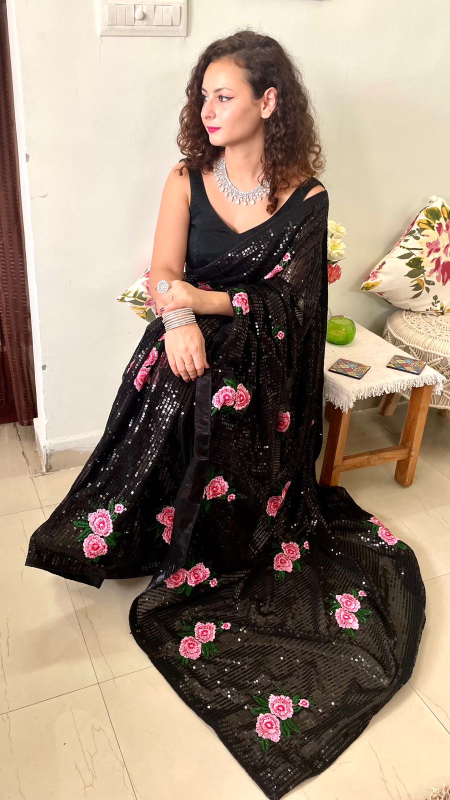 Black Premium Georgette Saree with Multicolor Thread and Sequin Work and Satin Banglori Blouse