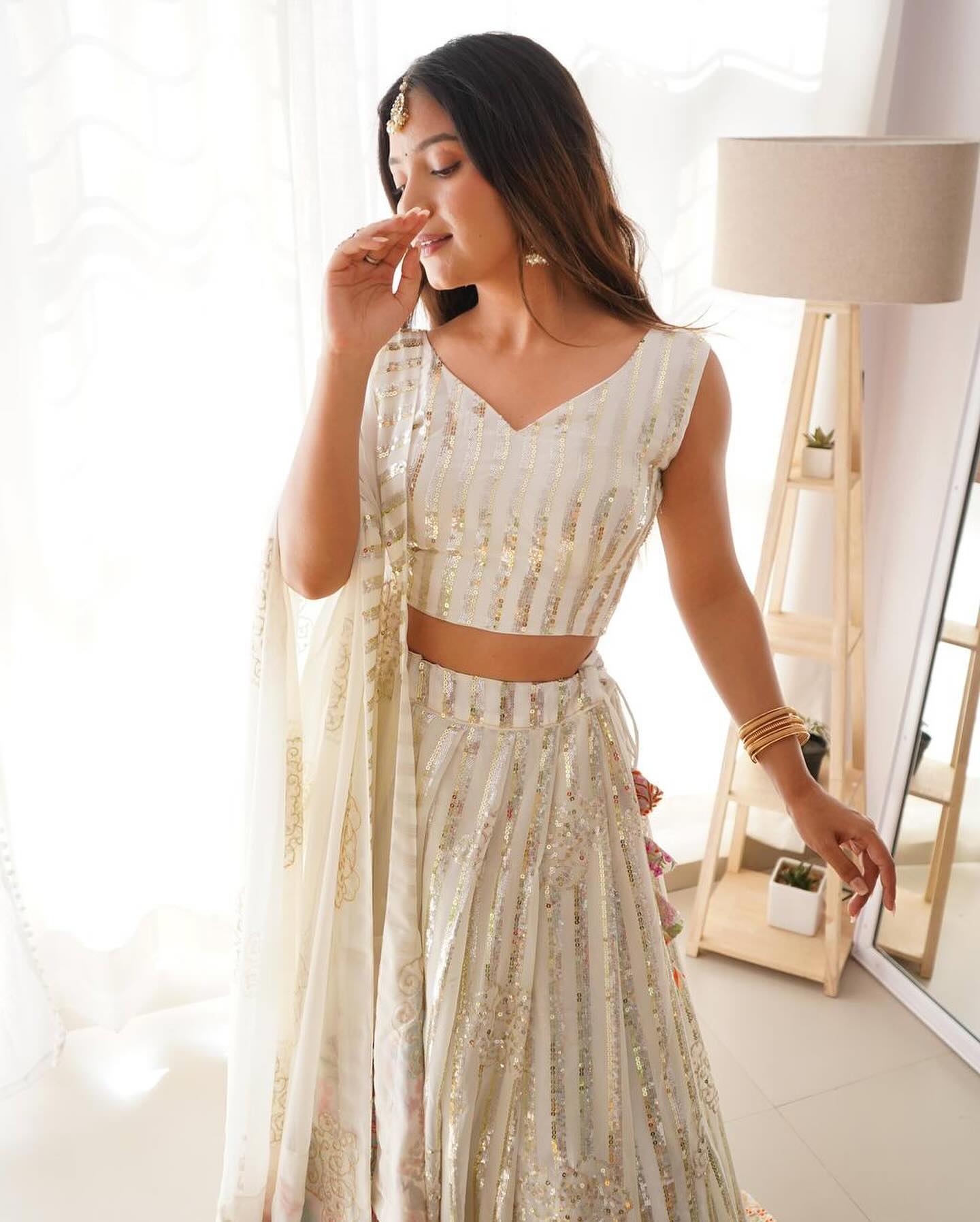 Indian Wedding Off White Lengha Choli In Sequence and Multi Thread Work Indian Sabyasachi Lehenga