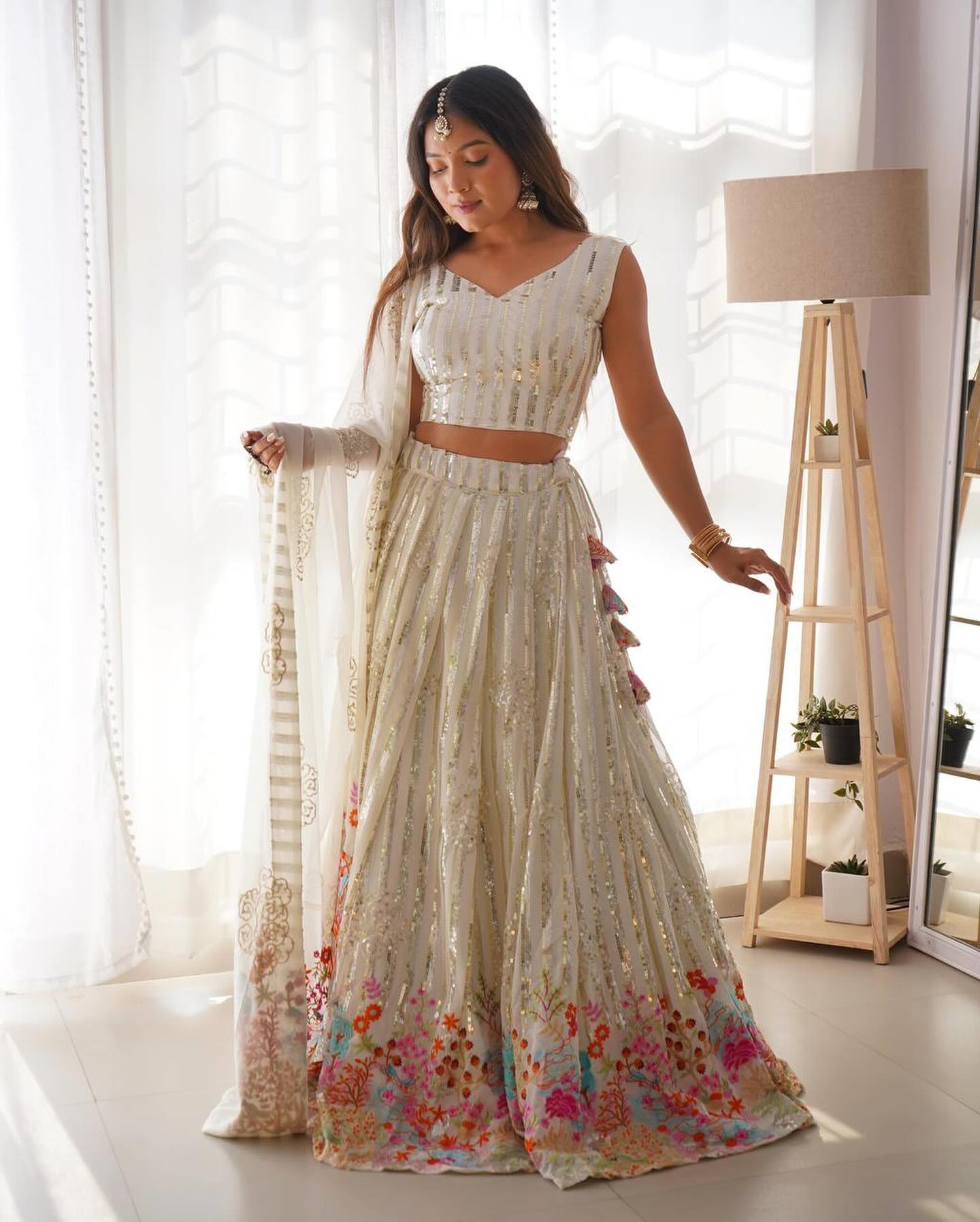 Indian Wedding Off White Lengha Choli In Sequence and Multi Thread Work Indian Sabyasachi Lehenga