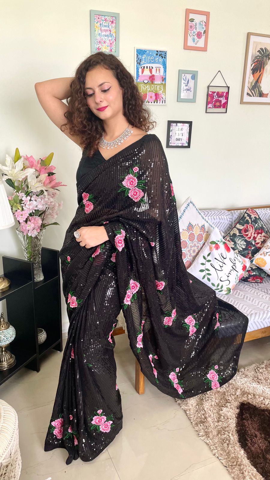 Black Premium Georgette Saree with Multicolor Thread and Sequin Work and Satin Banglori Blouse