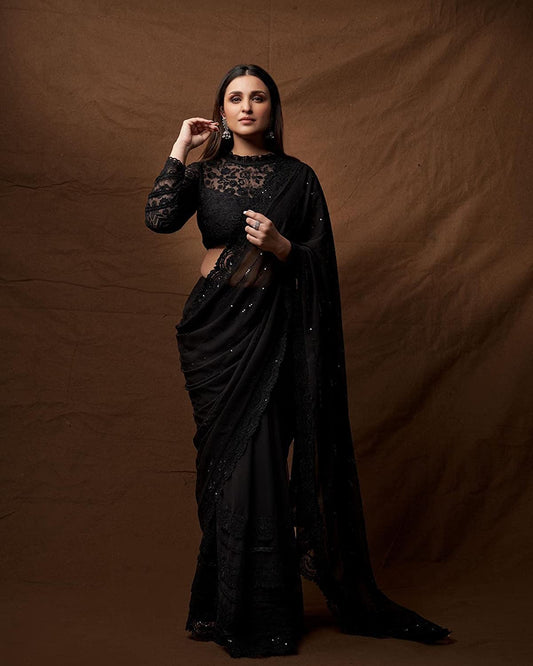 Women's Black Sequence Work Georgette Saree With Blouse Piece