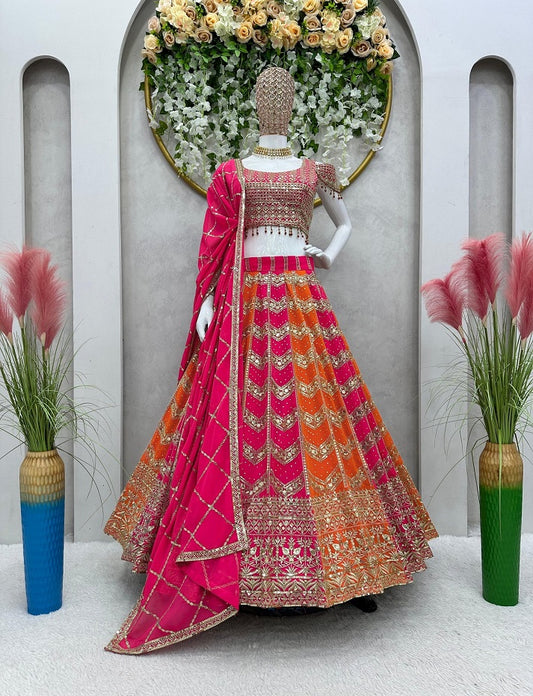 Designer Pink Orange Color Georgette Sequence Work Wedding Wear Lehenga Choli For Women's And Girl's