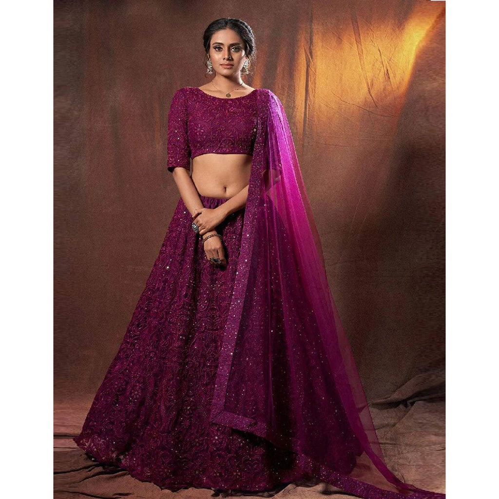 Women's Wine Color Designer Tapeta Silk Chain Diamond Work Wedding Wear Lehenga Choli