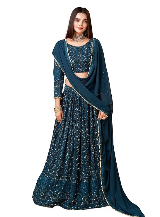 Womens And Girls Fox Georgette  With Sequence 5mm Work Cording Embroidery Zari Work Lehenga Choli