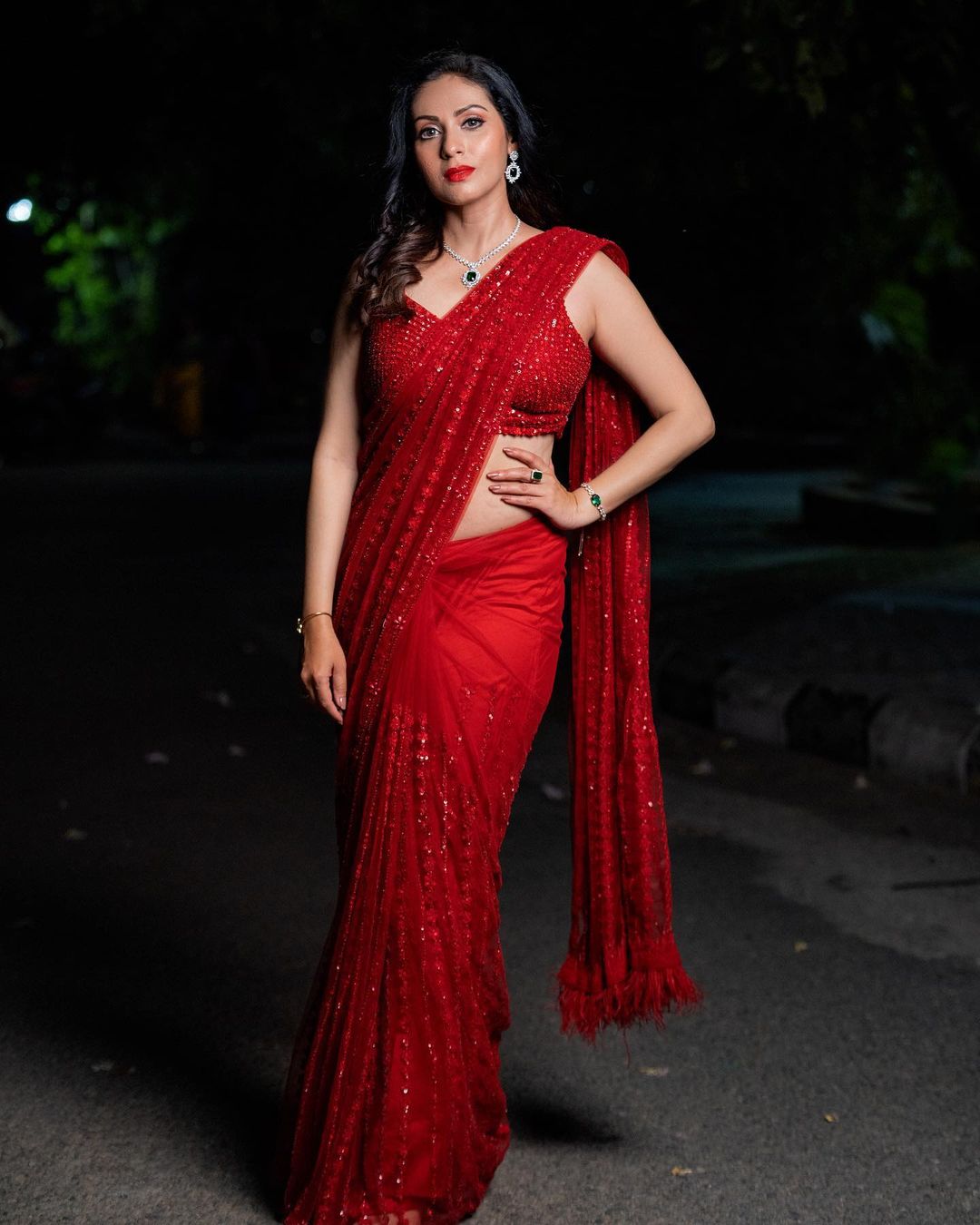 Women Soft Net Red Color Saree With fancy Sequance Embroidery work with feather lace in pallu border