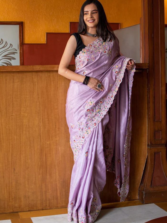 Lavender Saree For Womens And Girls Vichitra Silk Fabric With Multi Thread Coding Embroidery Sequence With C-Pallu Cutwork Border