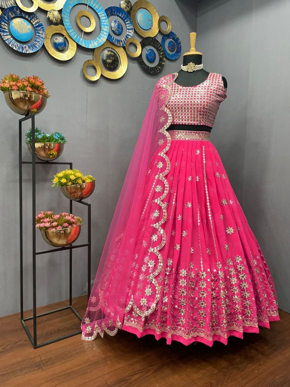 Wedding Wear Pink Georgette Lehenga Choli With Embroidered Fancy Sequins Work