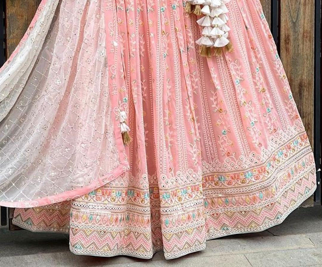 Wedding Wear Peach Color Faux Georgette With Embroidery Multi Thread Work Designer Semi Stitched Lehenga Choli