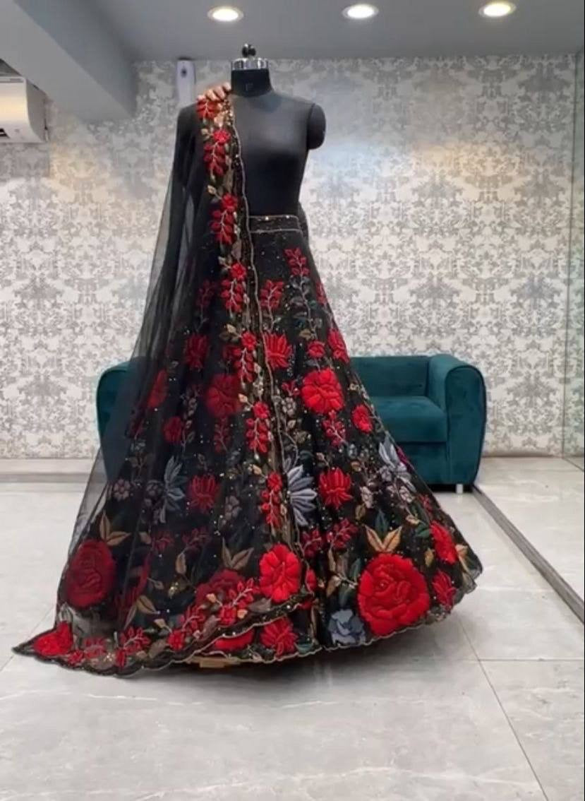 Black Color Premium Net Floral Sequencial Embroidery Work Lehenga Choli For Wedding Functions