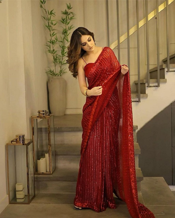 Red Color Party Wear Georgette Heavy Sequence Work Wedding Function Wear Saree For Women & Girls