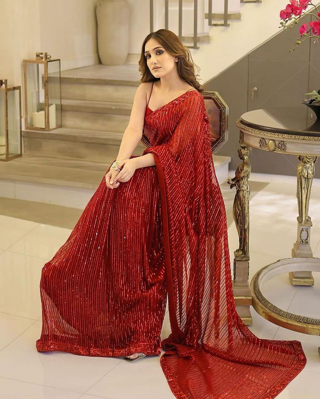 Red Color Party Wear Georgette Heavy Sequence Work Wedding Function Wear Saree For Women & Girls