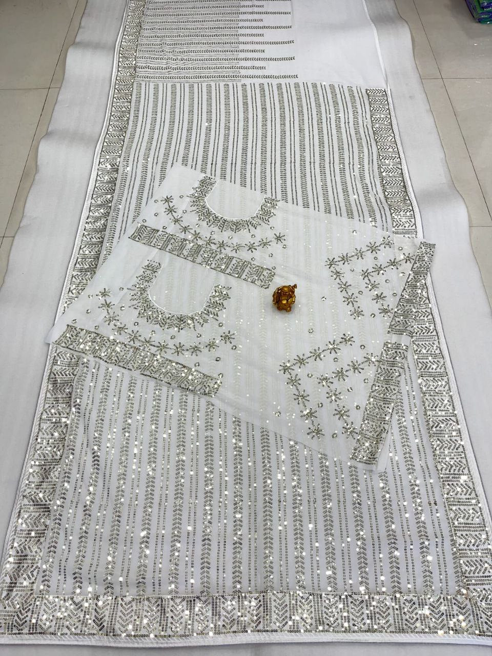 White Beautiful Georgette Saree In Heavy 5 mm Sequence Embroidery Work Saree Elegant Saree