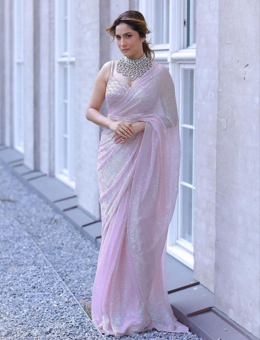 Pink Sequence Embrodery Work Saree with Georgette Fabric Blouse Indian Function Wear Saree