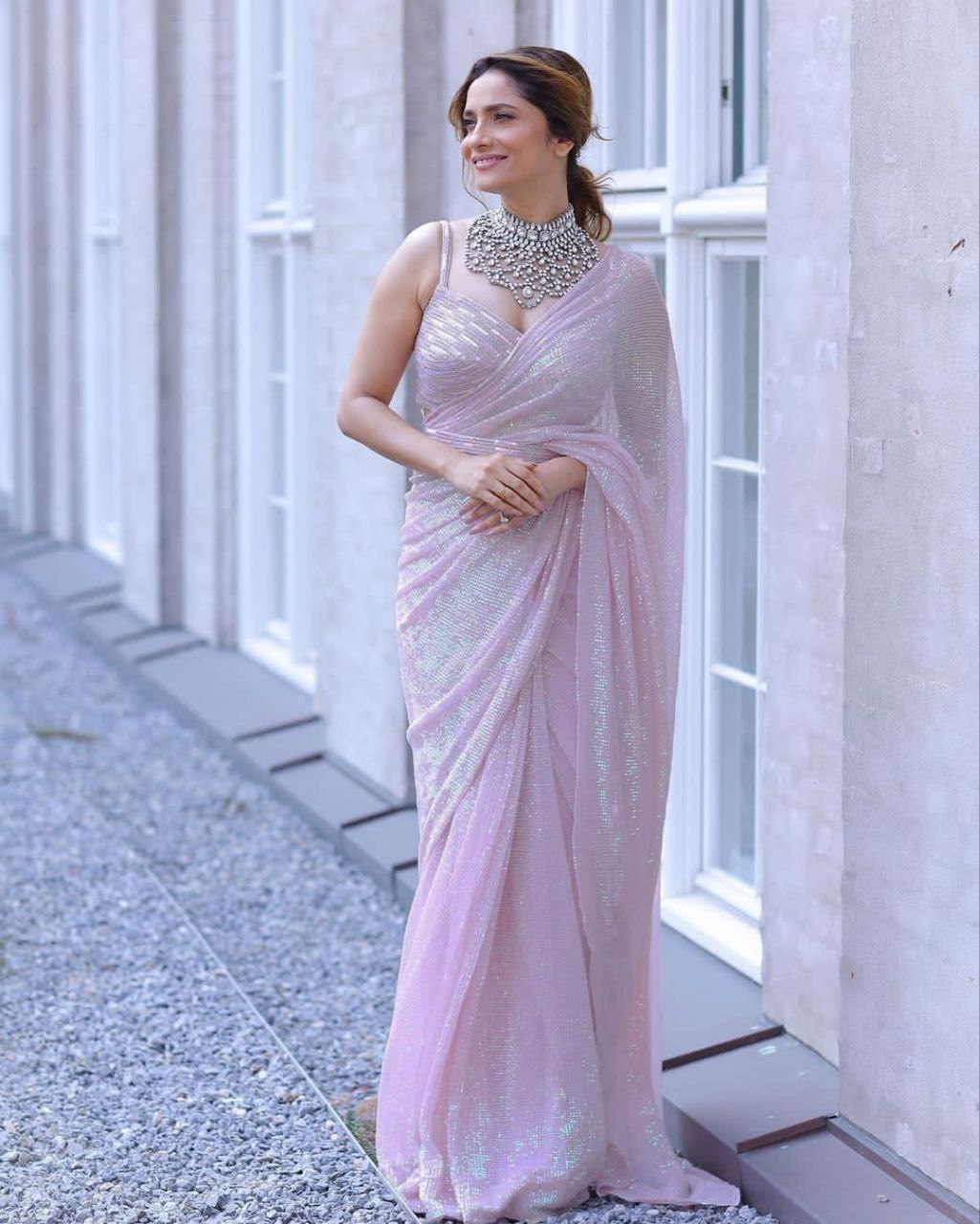 Pink Sequence Embrodery Work Saree with Georgette Fabric Blouse Indian Function Wear Saree