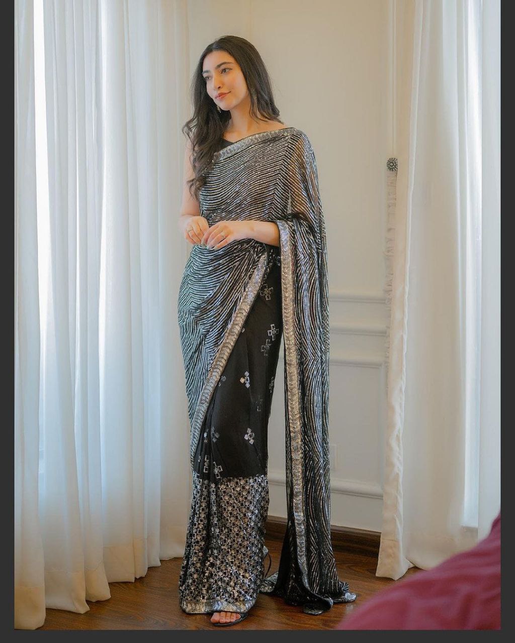 Black Faux Georgette Sequence Embroidery Work Designer Beautiful Saree With Mono Banglori Silk Blouse