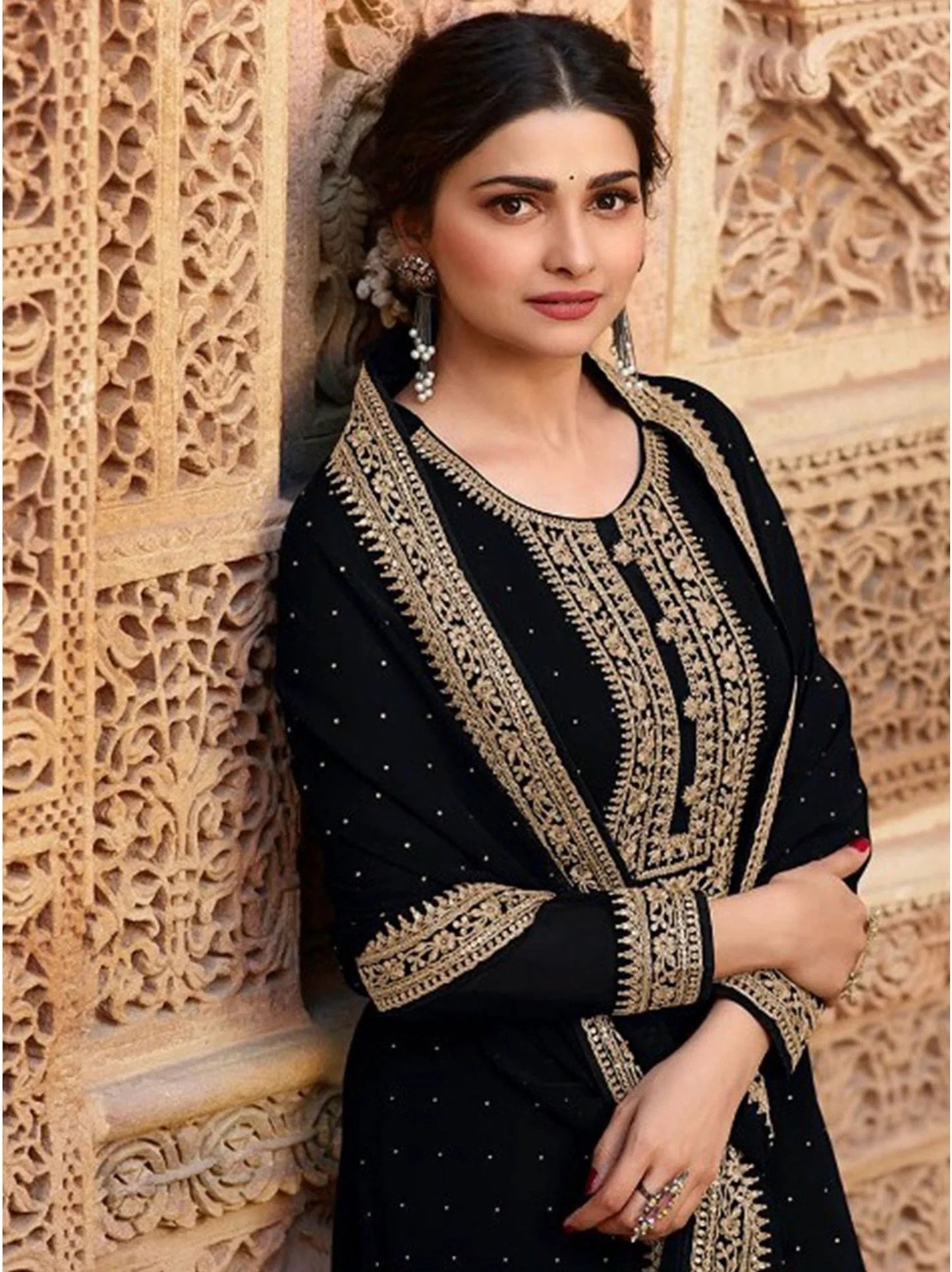 Black Women Embroidered Semi-Stitched Dress Material with Dupatta Set