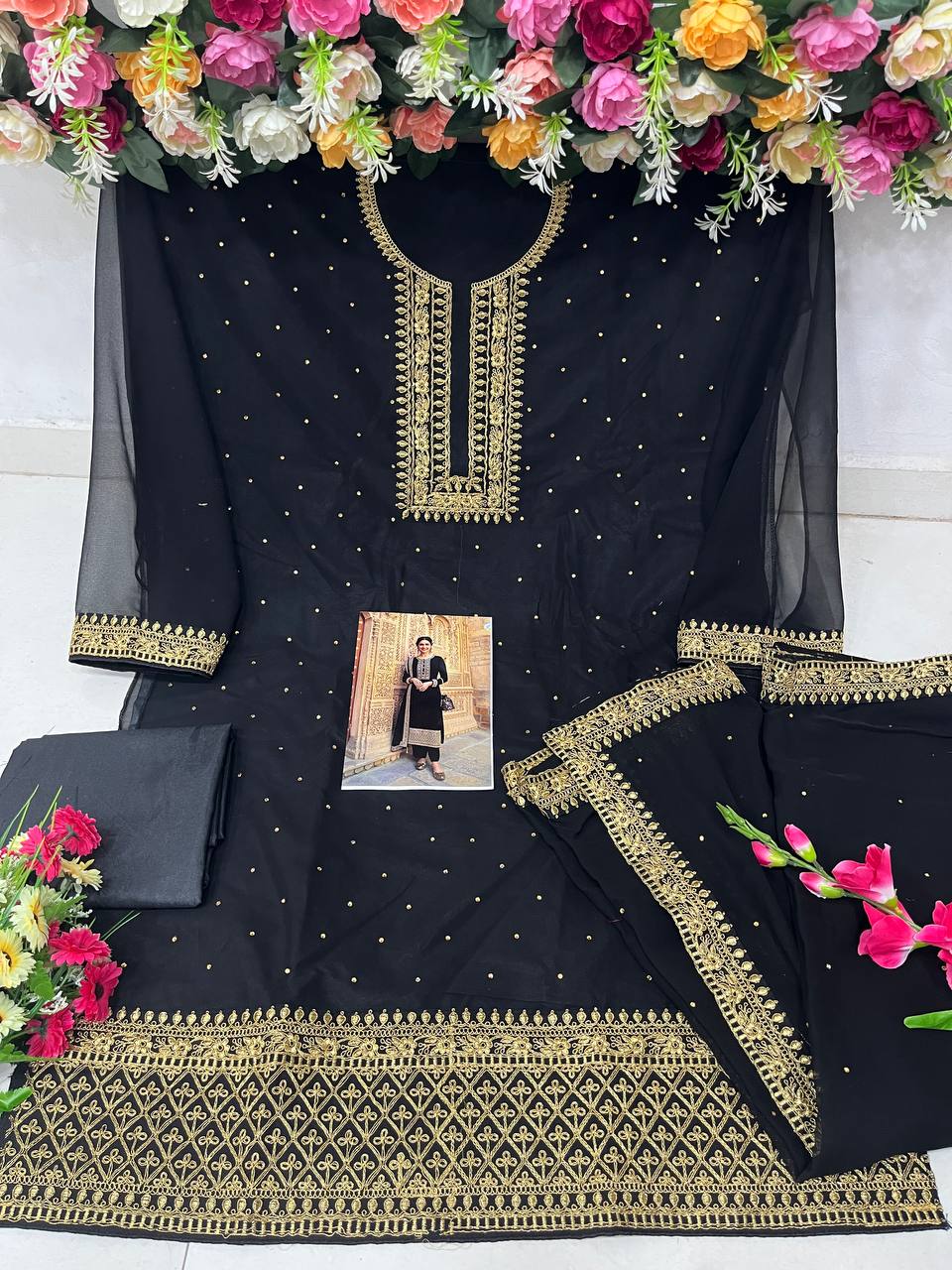 Black Women Embroidered Semi-Stitched Dress Material with Dupatta Set