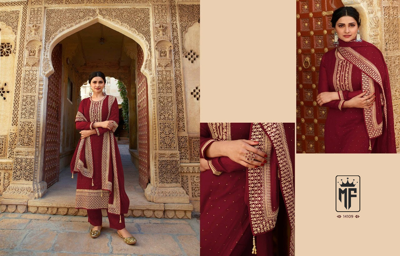 Wine Women Embroidered Semi-Stitched Dress Material with Dupatta Set