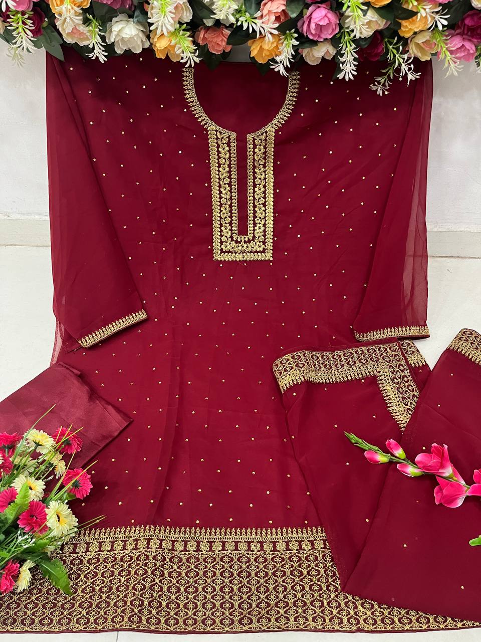 Wine Women Embroidered Semi-Stitched Dress Material with Dupatta Set