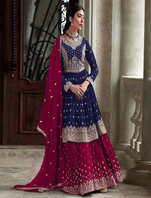 Blue Indian traditional look lehenga type georgette salwar kameez suit with dupatta for women