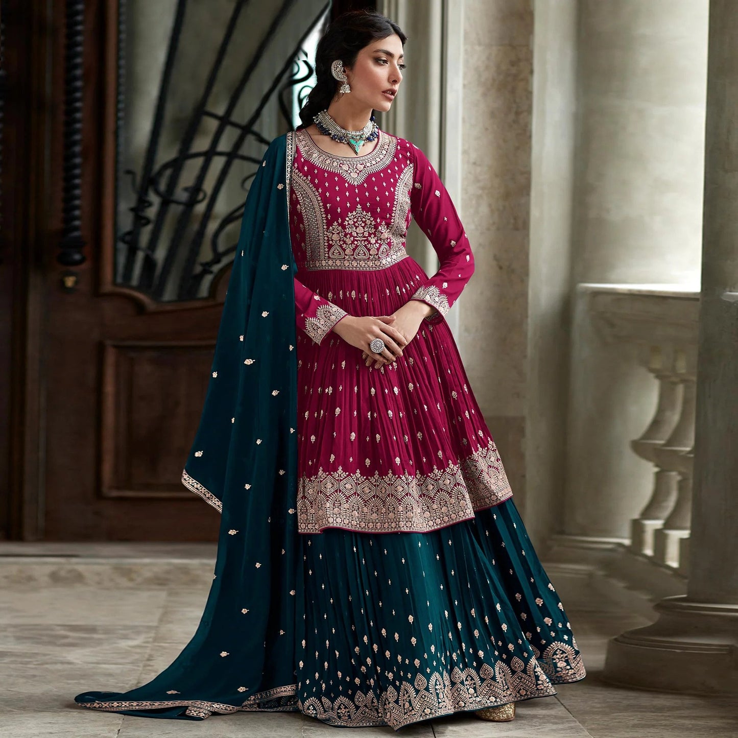 Blue Indian traditional look lehenga type georgette salwar kameez suit with dupatta for women