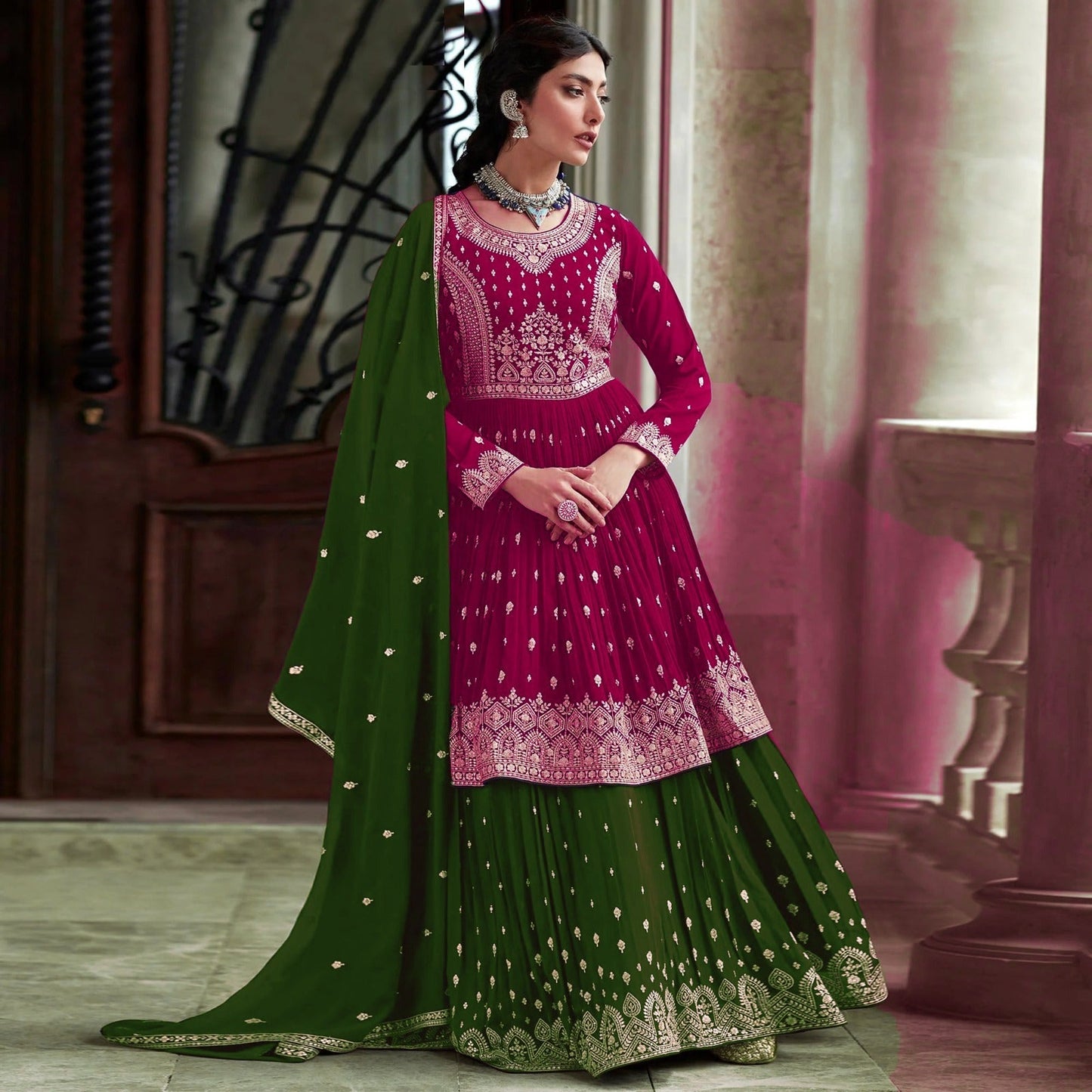 Kerosin Pink Indian traditional look lehenga type georgette salwar kameez suit with dupatta for women