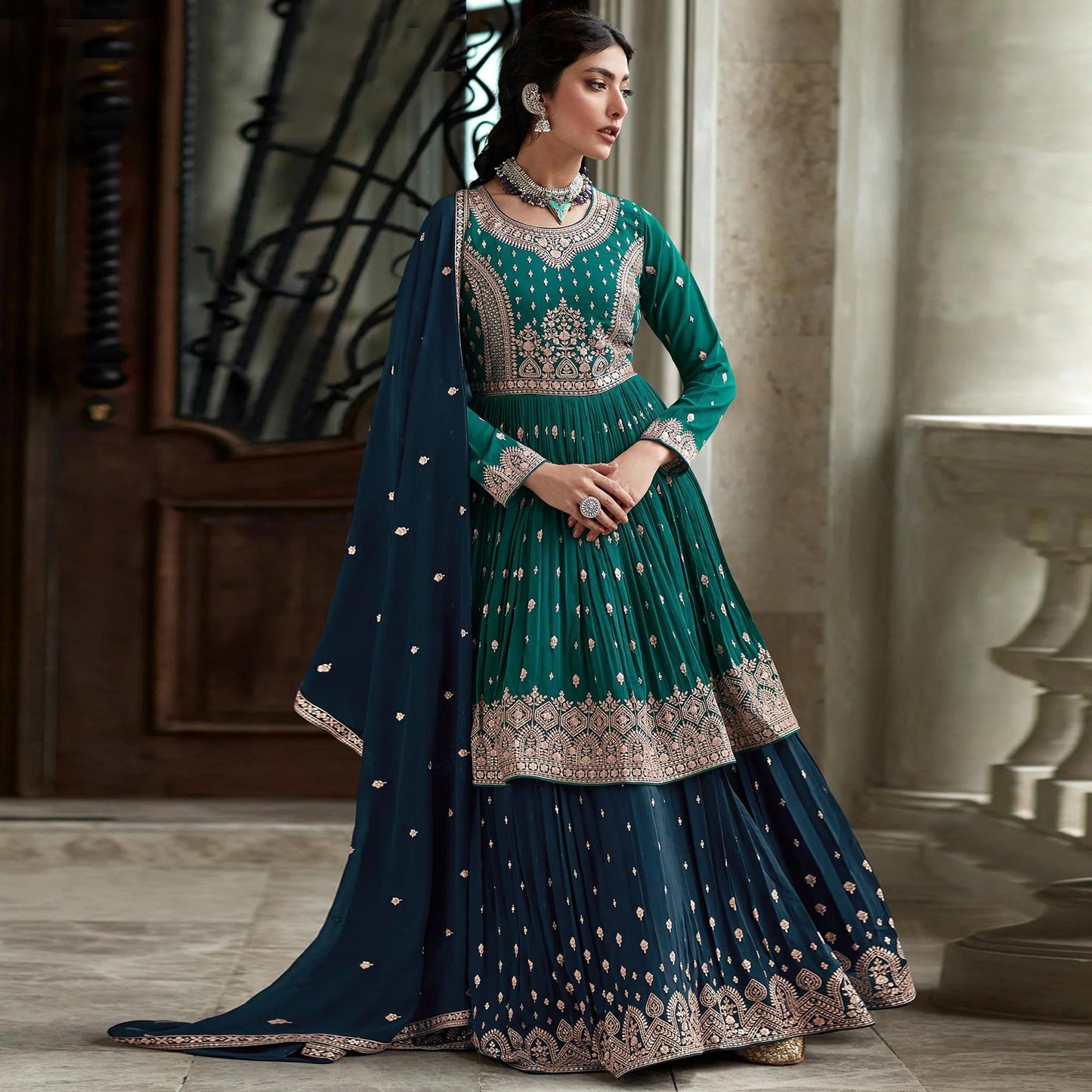 Blue Indian traditional look lehenga type georgette salwar kameez suit with dupatta for women