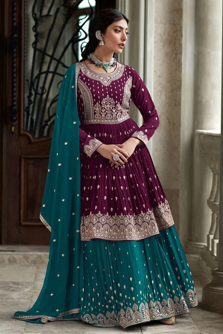 Blue Indian traditional look lehenga type georgette salwar kameez suit with dupatta for women