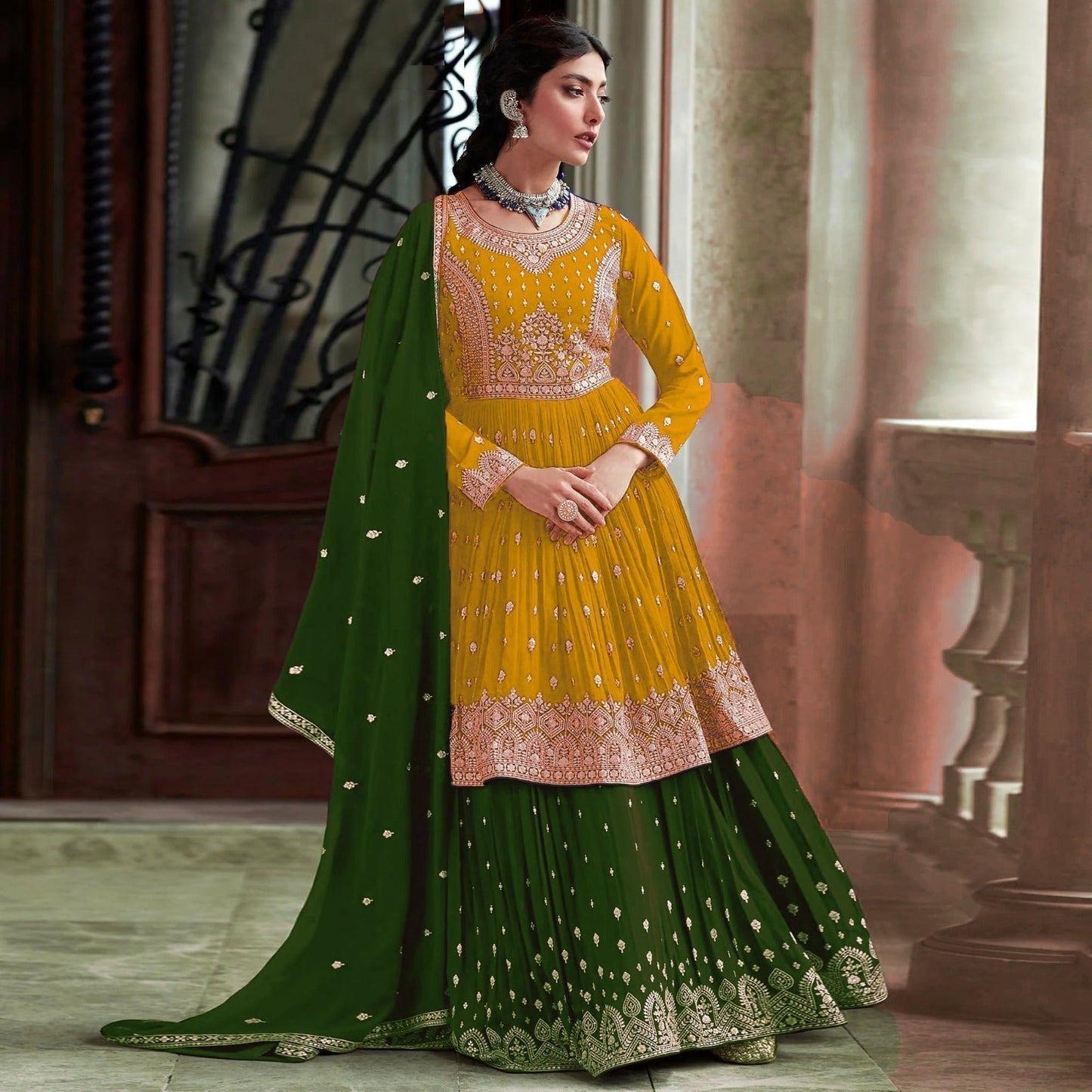 Wine Indian traditional look lehenga type georgette salwar kameez suit with dupatta for women