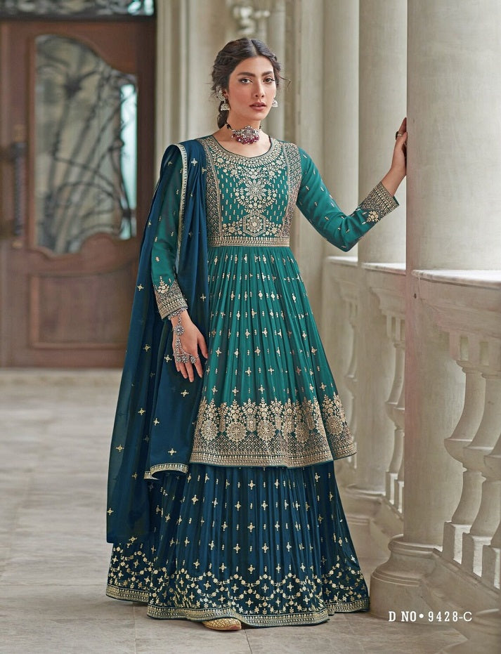 Rama Semi Stitched faux Georgette Kurta With Santoon Inner And Lehnga With Embroidered Faux Georgette Dupatta Looks Pretty Awsom For All Occassion