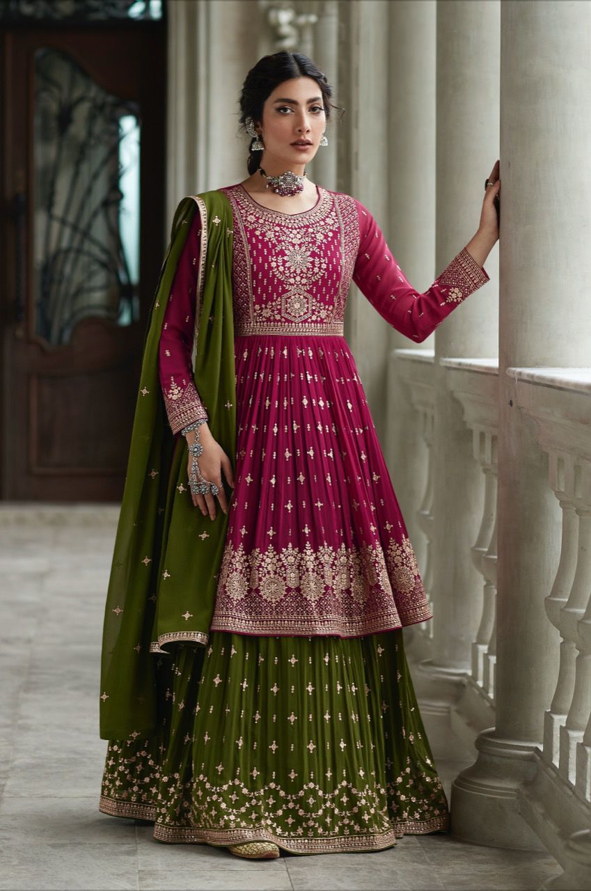 Rama Semi Stitched faux Georgette Kurta With Santoon Inner And Lehnga With Embroidered Faux Georgette Dupatta Looks Pretty Awsom For All Occassion