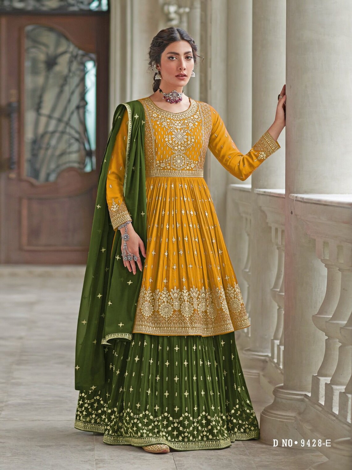 Rama Semi Stitched faux Georgette Kurta With Santoon Inner And Lehnga With Embroidered Faux Georgette Dupatta Looks Pretty Awsom For All Occassion