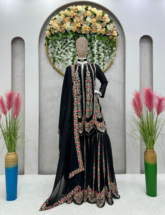 Black colour beautiful Designer Suit on Faux Georgette Febrics with inner and Thred with Sequnce work and sharara Suit