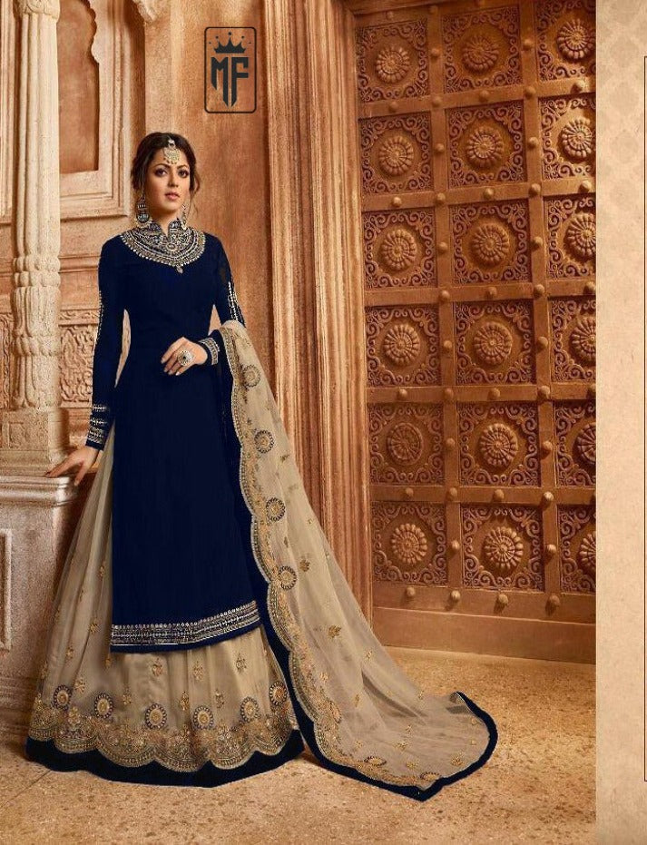 Blue Georgette Embroidered Ghaghra Style Salwar Suit with Heavy Net Dupatta For Girls & Womens