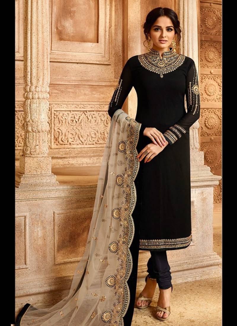 Black Georgette Embroidered Ghaghra Style Salwar Suit with Heavy Net Dupatta For Girls & Womens